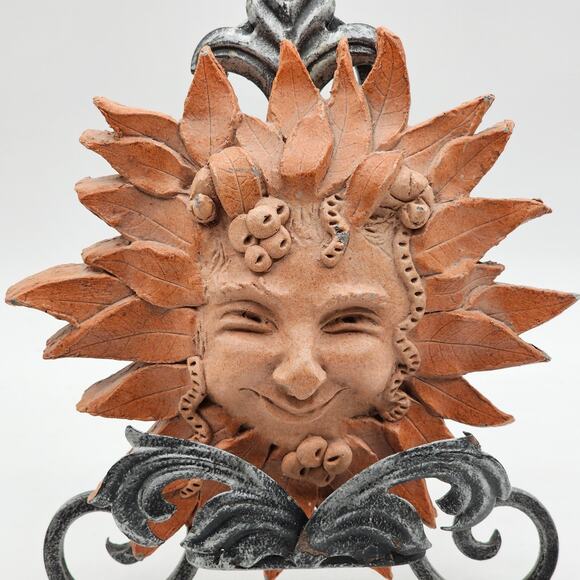 Terracotta Cast Stone Sunface Wall Art Vintage 1998 Artist Signed Outdoor Decor - Picture 4 of 7